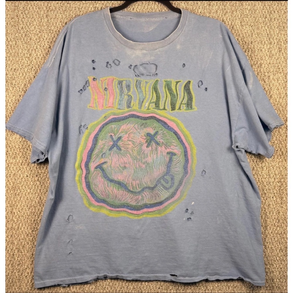 Nirvana Nevermind Smiley Face Distressed Grunge Band T Shirt Blue Oversize 2XL